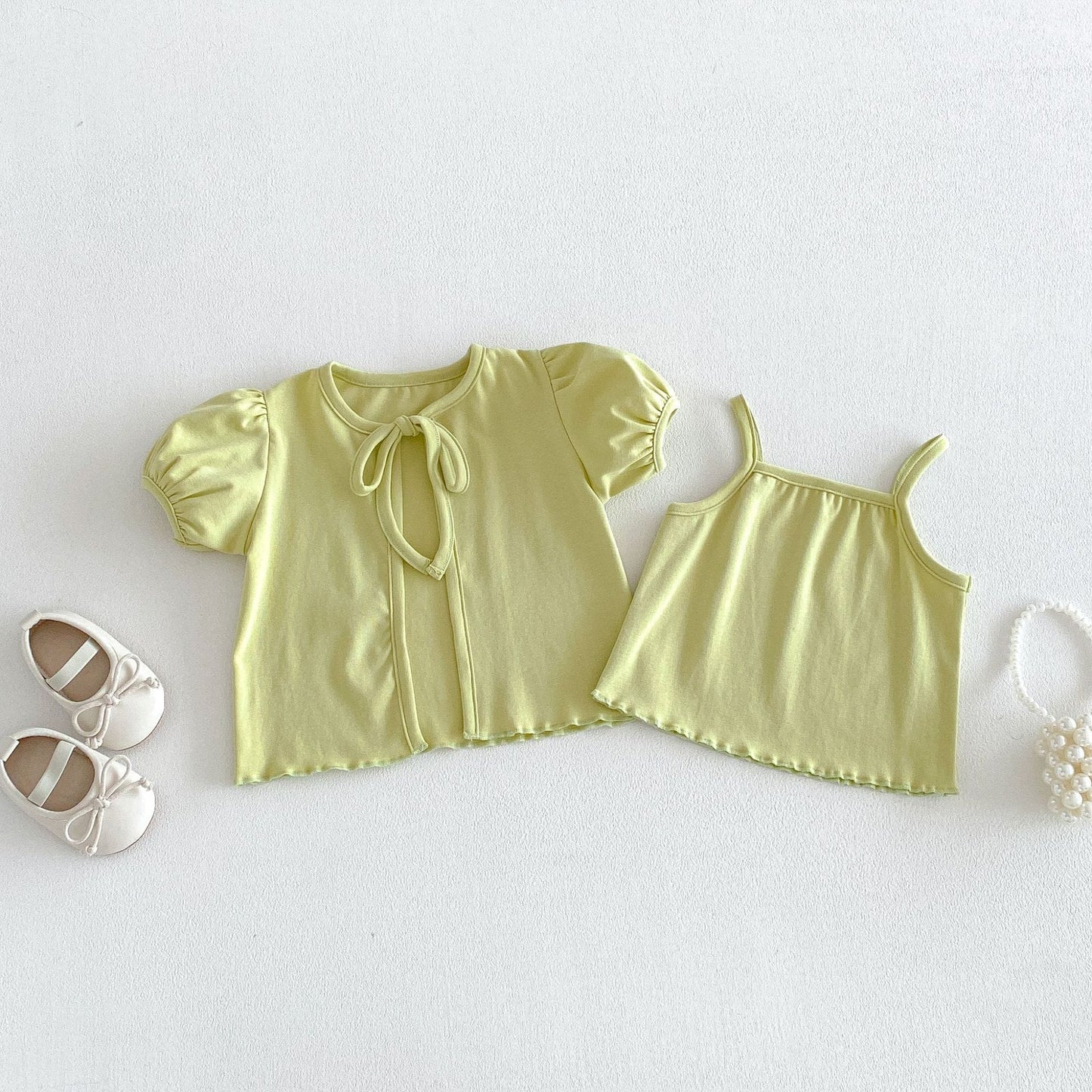 Puff Sleeve Ribbon Cami Set パフスリーブ リボン 半袖カーディガン【mh0012705】 angou 半袖セットアップ
