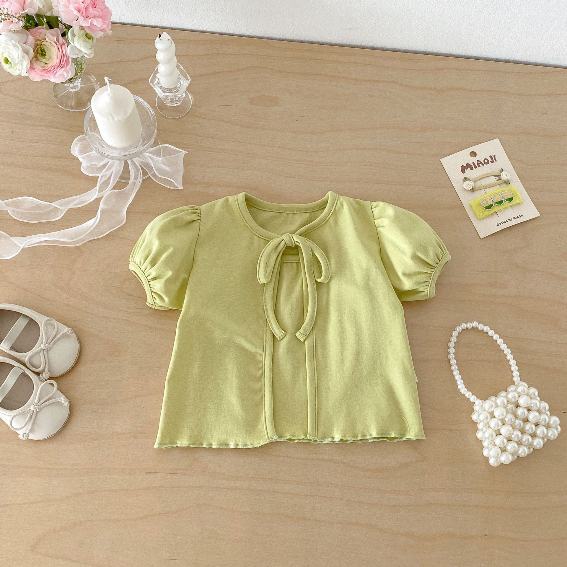 Puff Sleeve Ribbon Cami Set パフスリーブ リボン 半袖カーディガン【mh0012705】 angou 半袖セットアップ