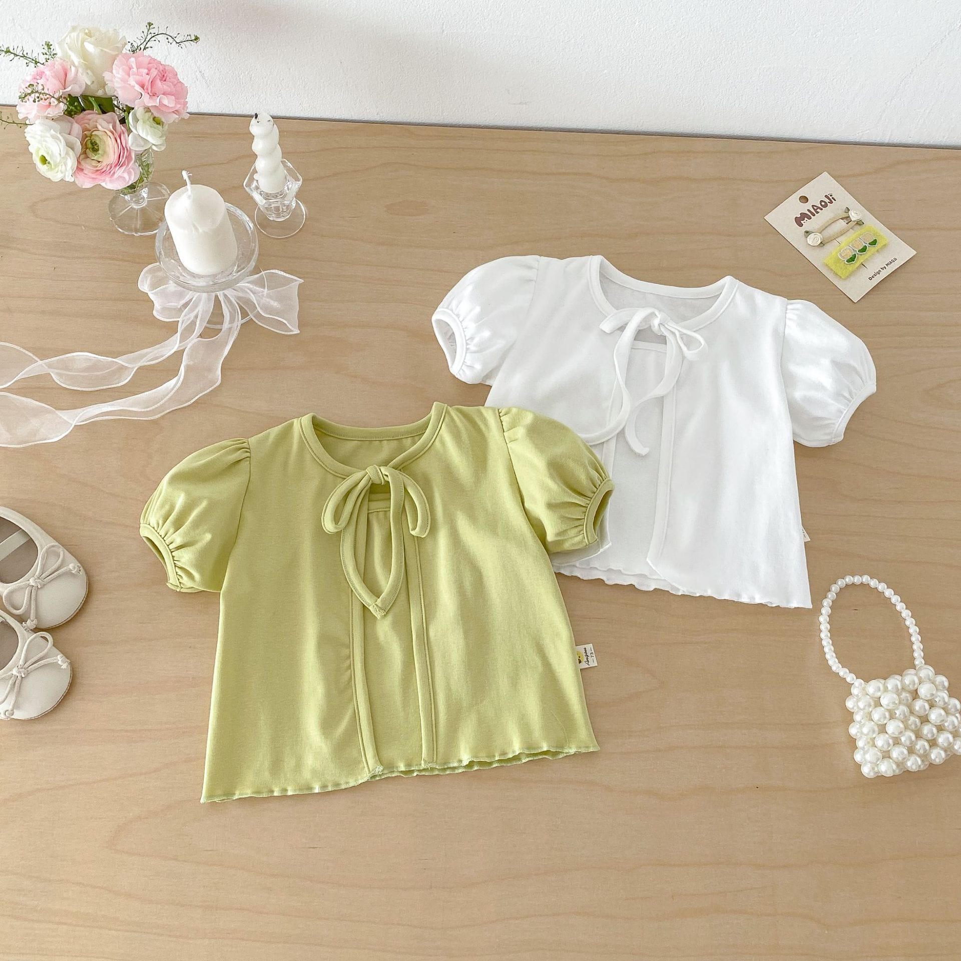 Puff Sleeve Ribbon Cami Set パフスリーブ リボン 半袖カーディガン【mh0012705】 angou 半袖セットアップ