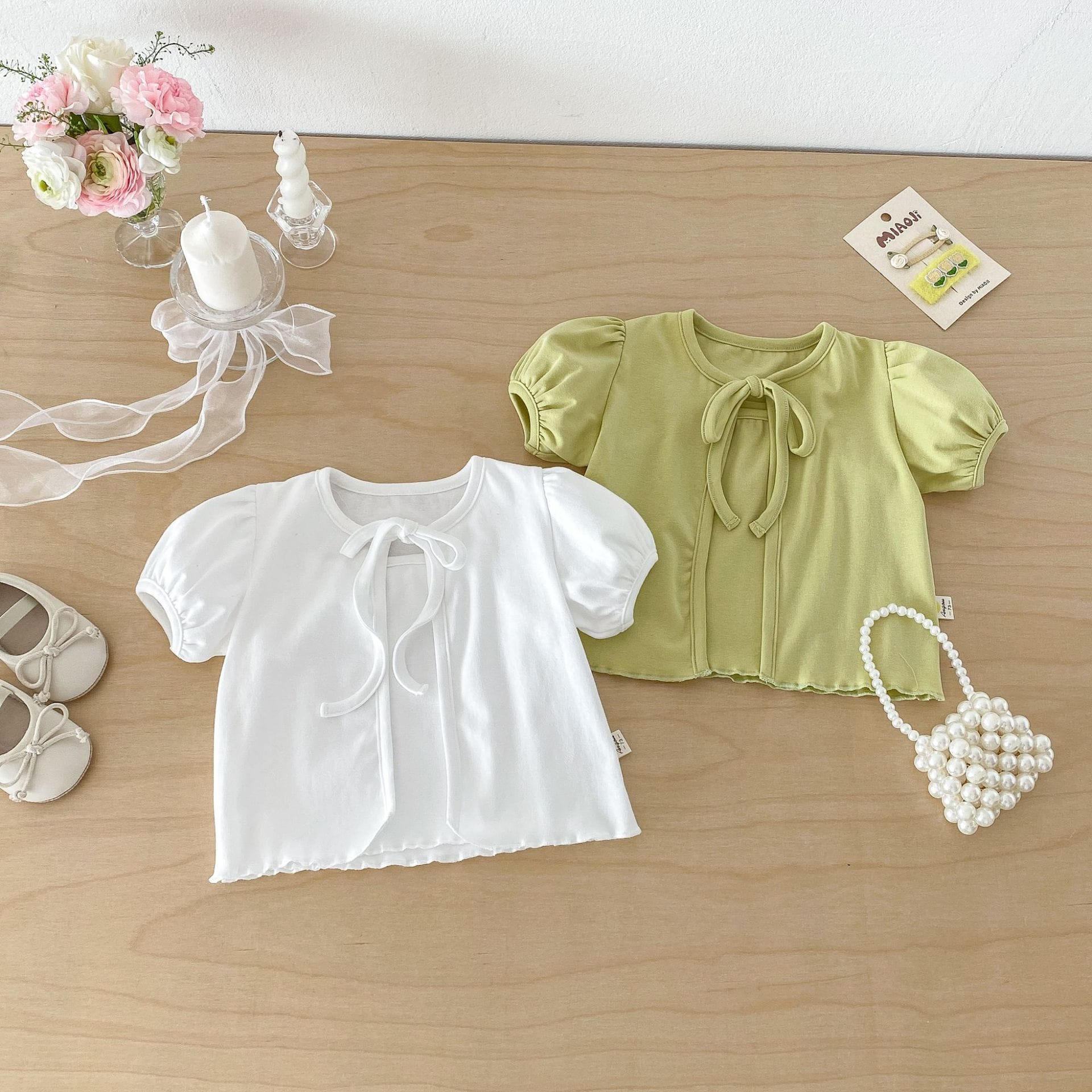 Puff Sleeve Ribbon Cami Set パフスリーブ リボン 半袖カーディガン【mh0012705】 angou 半袖セットアップ