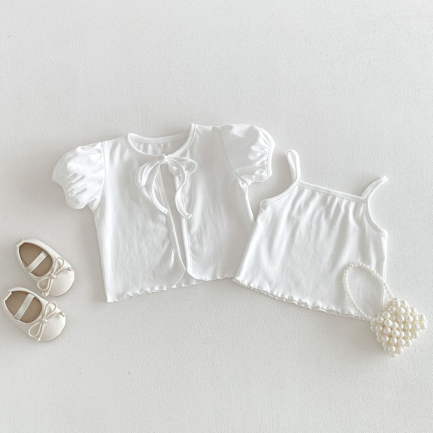 Puff Sleeve Ribbon Cami Set パフスリーブ リボン 半袖カーディガン【mh0012705】 White / 73cm angou 半袖セットアップ