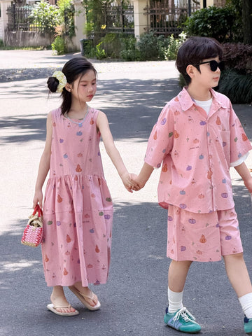 Pumpkin Mixed Vegetable Print Set Dress ベジタブル 半袖シャツ ハーフパンツ ノースリーブワンピース【mh0013527】 KUMAI.KIDS 半袖セットアップ