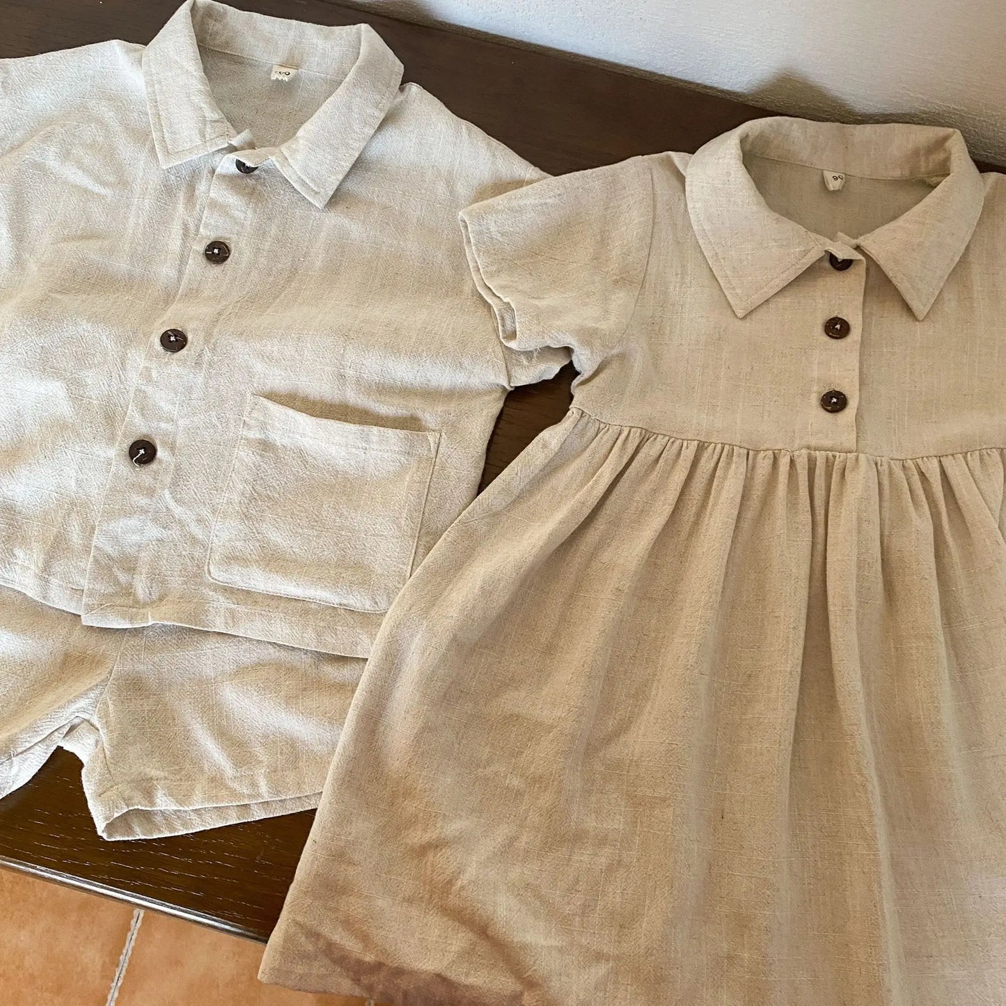 半袖セットアップ キッズセットアップ 2点セット/ワンピース ボーイズ半袖シャツ+ショートパンツ/ガールズ半袖ワンピース ナチュラル コットンリネン リンクコーデ 兄弟姉妹 お揃いコーデ【mh0004513】