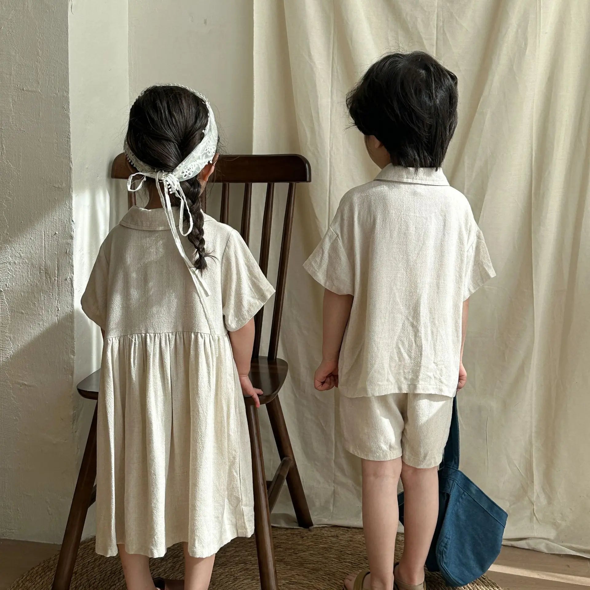 半袖セットアップ キッズセットアップ 2点セット/ワンピース ボーイズ半袖シャツ+ショートパンツ/ガールズ半袖ワンピース ナチュラル コットンリネン リンクコーデ 兄弟姉妹 お揃いコーデ【mh0004513】