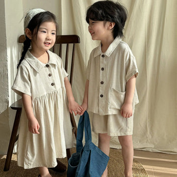 半袖セットアップ キッズセットアップ 2点セット/ワンピース ボーイズ半袖シャツ+ショートパンツ/ガールズ半袖ワンピース ナチュラル コットンリネン リンクコーデ 兄弟姉妹 お揃いコーデ【mh0004513】