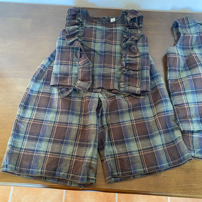 ノースリーブセットアップ キッズセットアップ 2点セット ボーイズ タンクトップ+ショートパンツ/ガールズフリルノースリーブブラウス+ロングワイドパンツ チェック リンクコーデ 兄弟姉妹 お揃いコーデ【mh0004647】