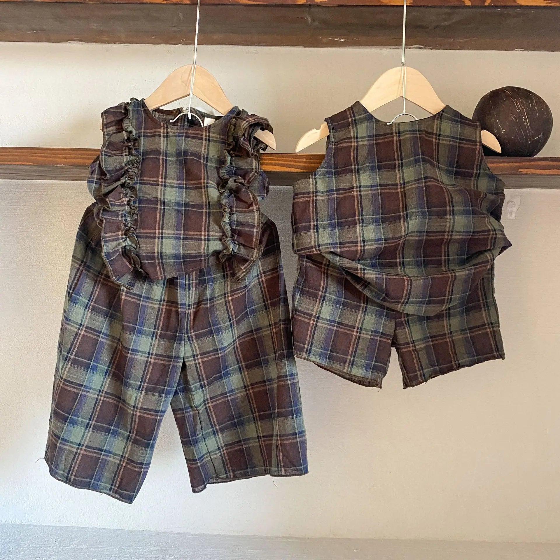 ノースリーブセットアップ キッズセットアップ 2点セット ボーイズ タンクトップ+ショートパンツ/ガールズフリルノースリーブブラウス+ロングワイドパンツ チェック リンクコーデ 兄弟姉妹 お揃いコーデ【mh0004647】