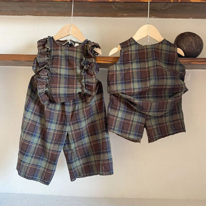 ノースリーブセットアップ キッズセットアップ 2点セット ボーイズ タンクトップ+ショートパンツ/ガールズフリルノースリーブブラウス+ロングワイドパンツ チェック リンクコーデ 兄弟姉妹 お揃いコーデ【mh0004647】