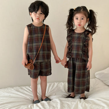 ノースリーブセットアップ キッズセットアップ 2点セット ボーイズ タンクトップ+ショートパンツ/ガールズフリルノースリーブブラウス+ロングワイドパンツ チェック リンクコーデ 兄弟姉妹 お揃いコーデ【mh0004647】
