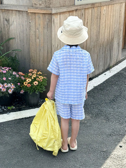 半袖セットアップ キッズセットアップ 2点セット/ワンピース ボーイズ半袖サファリシャツ+ショートパンツ/ガールズ半袖パフスリーブワンピース チェック リンクコーデ 兄弟姉妹 お揃いコーデ【mh0004980】