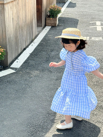 半袖セットアップ キッズセットアップ 2点セット/ワンピース ボーイズ半袖サファリシャツ+ショートパンツ/ガールズ半袖パフスリーブワンピース チェック リンクコーデ 兄弟姉妹 お揃いコーデ【mh0004980】