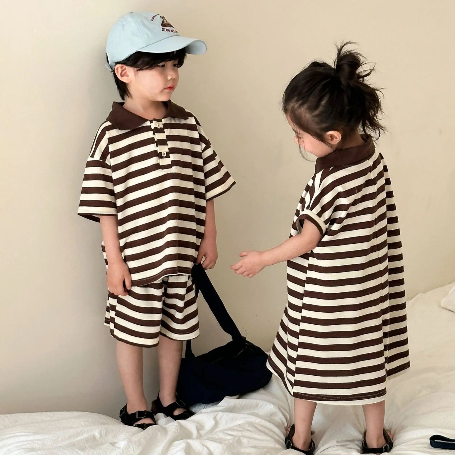 半袖セットアップ キッズセットアップ 2点セット/ワンピース ボーイズ半袖ポロシャツ+ハーフパンツ/ガールズ半袖ポロワンピ ボーダー リンクコーデ 兄弟姉妹 お揃いコーデ【mh0005183】