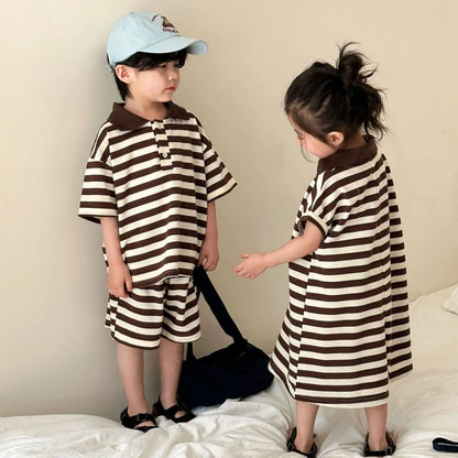 半袖セットアップ キッズセットアップ 2点セット/ワンピース ボーイズ半袖ポロシャツ+ハーフパンツ/ガールズ半袖ポロワンピ ボーダー リンクコーデ 兄弟姉妹 お揃いコーデ【mh0005183】