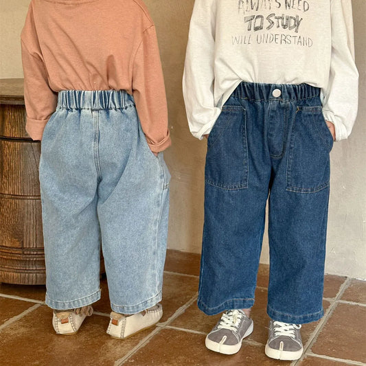 デニムパンツ キッズパンツ デニムパンツ ストレートジーンズ シンプルベーシック ジーパン 2カラー【mh0006156】