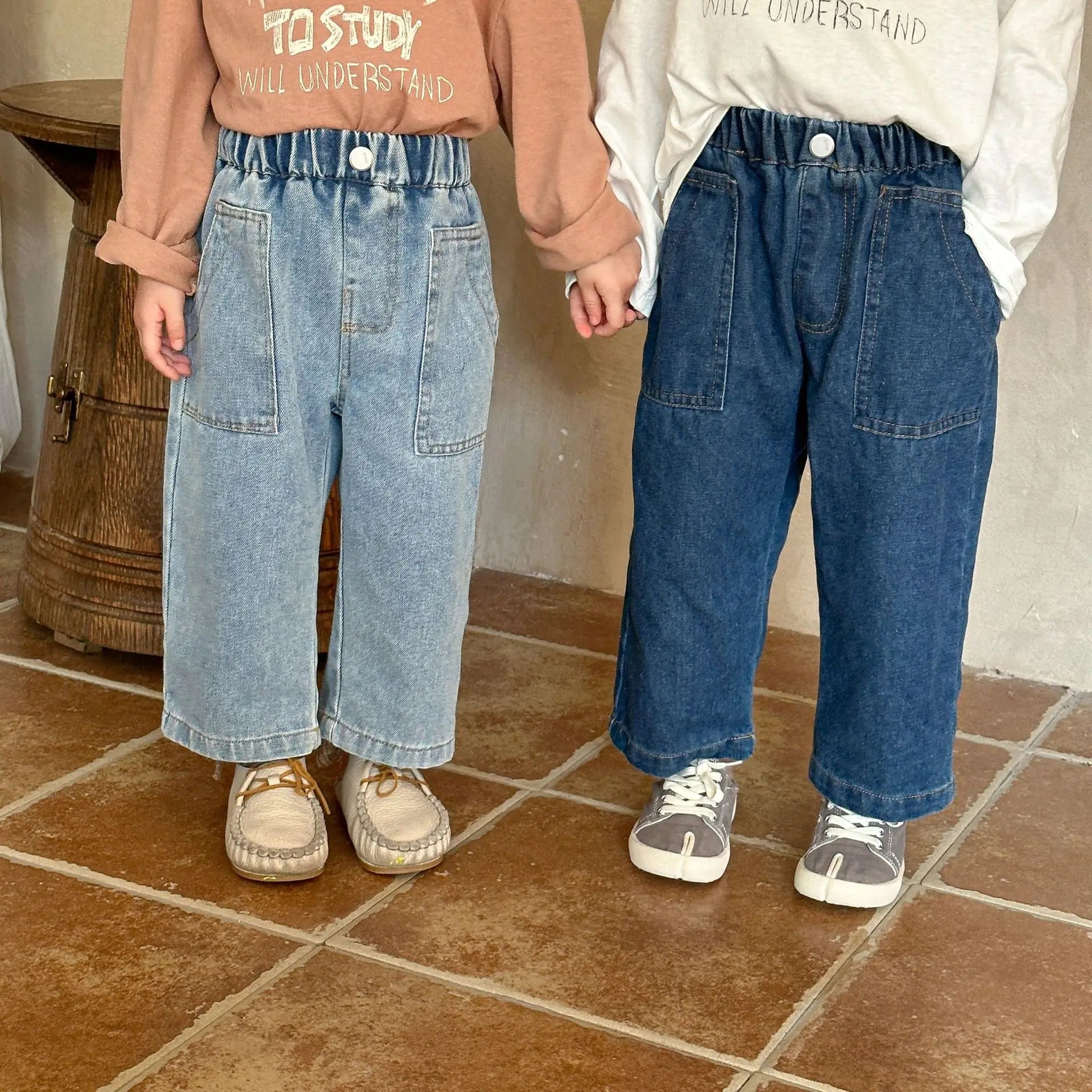 デニムパンツ キッズパンツ デニムルーズワイドパンツ シンプルベーシックジーンズ 2カラー【mh0006691】