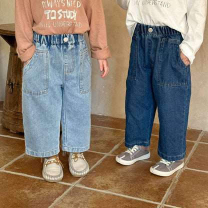 デニムパンツ キッズパンツ デニムルーズワイドパンツ シンプルベーシックジーンズ 2カラー【mh0006691】