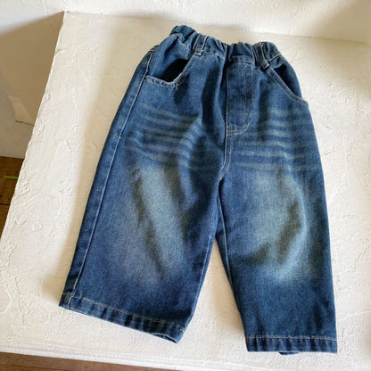 デニムパンツ キッズパンツ デニムルーズワイドロングパンツ シンプルベーシックジーンズ 2カラー【mh0006706】