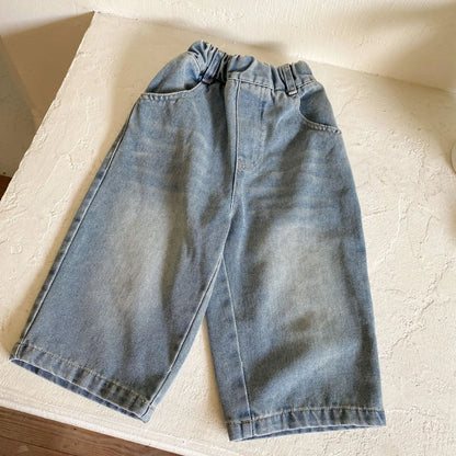 デニムパンツ キッズパンツ デニムルーズワイドロングパンツ シンプルベーシックジーンズ 2カラー【mh0006706】