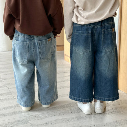 デニムパンツ キッズパンツ デニムルーズワイドロングパンツ シンプルベーシックジーンズ 2カラー【mh0006706】