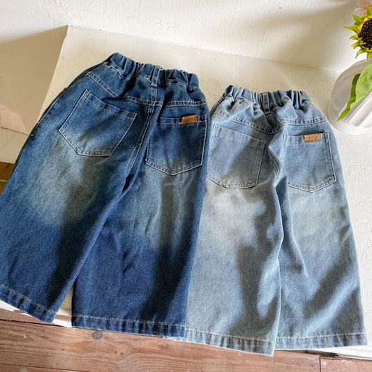 デニムパンツ キッズパンツ デニムルーズワイドロングパンツ シンプルベーシックジーンズ 2カラー【mh0006706】
