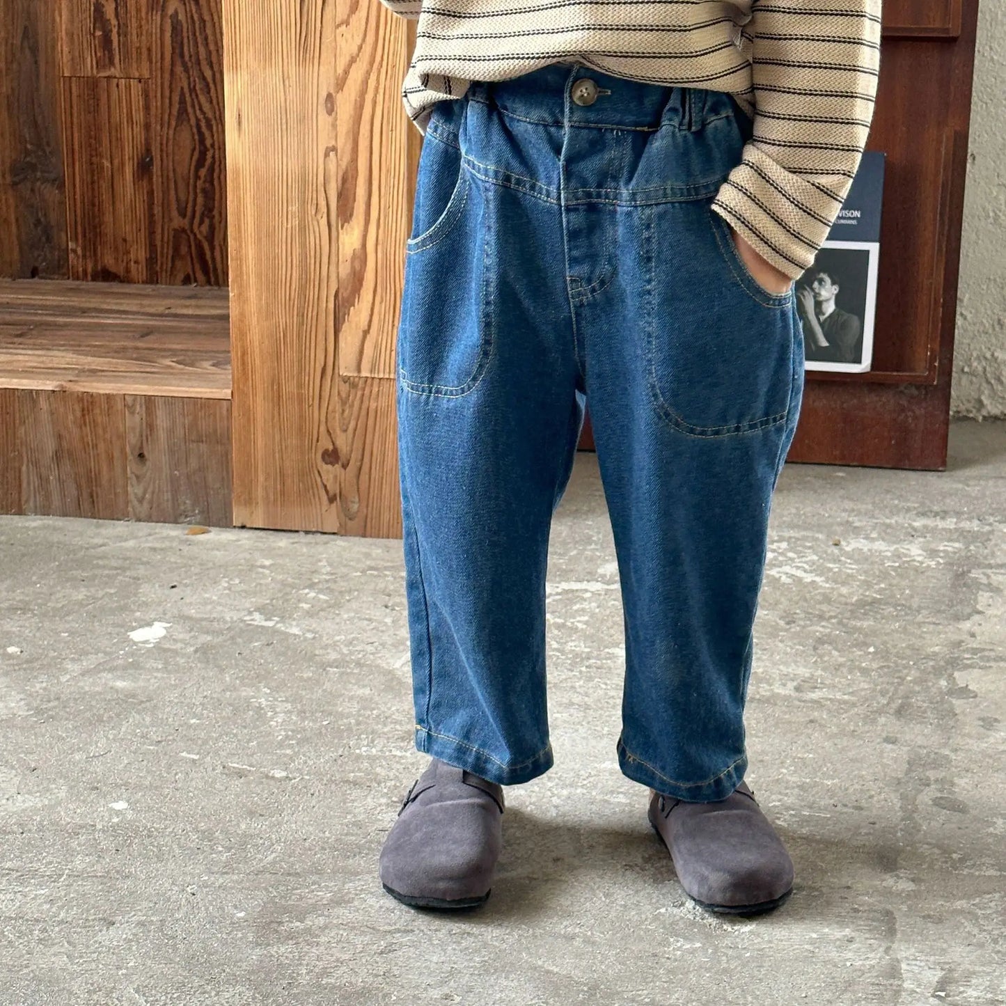 デニムパンツ キッズパンツ ソフトデニムウエスト切り替えステッチロングパンツ ジーンズ 2カラー【mh0006888】