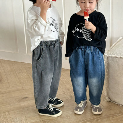 デニムパンツ キッズパンツ ルーズロングデニムパンツ ジーンズ2カラー【mh0007053】