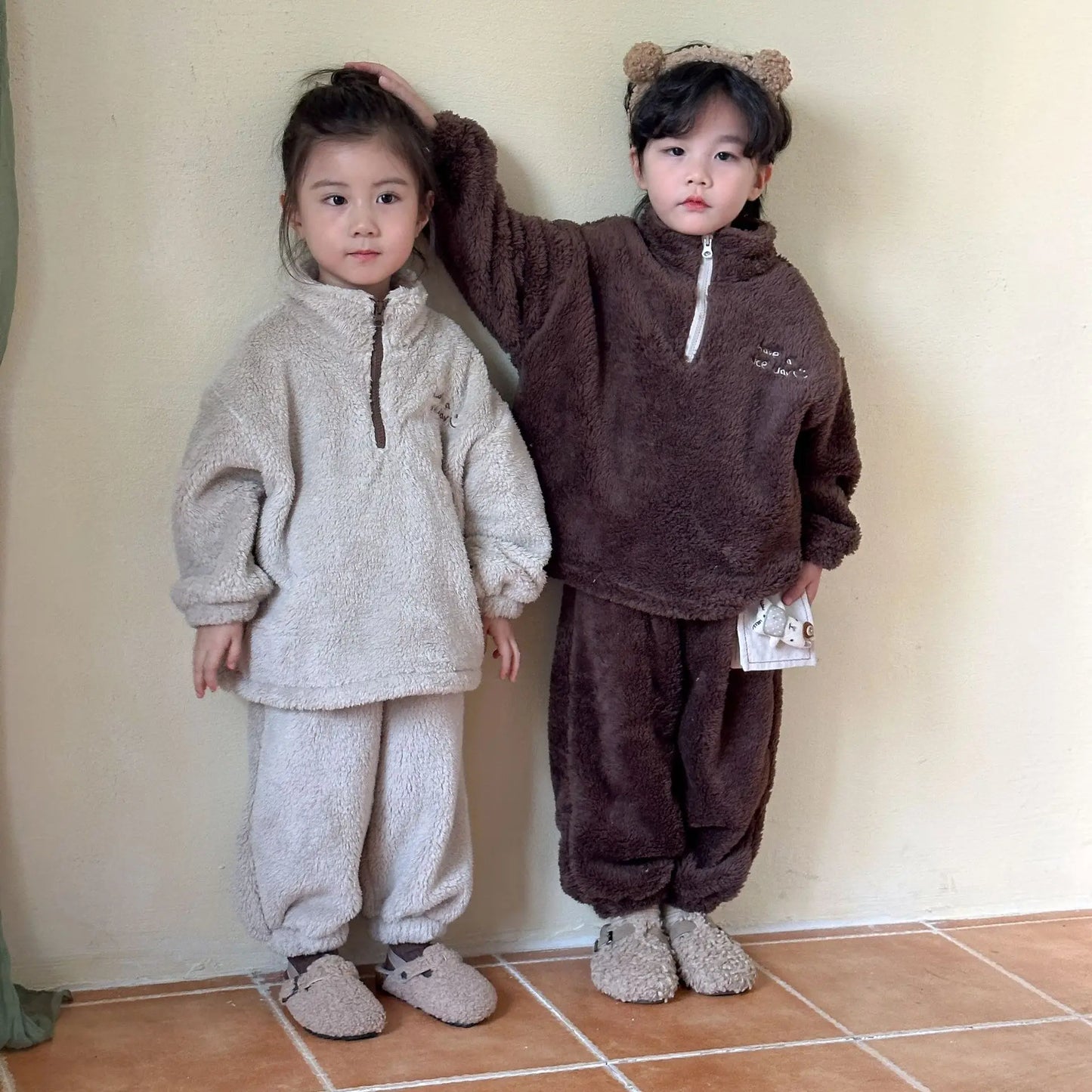 長袖パジャマ キッズセットアップ 2点セット フリースフランネル防寒長袖パジャマセット【mh0007784】