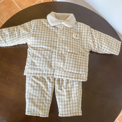 長袖パジャマ キッズセットアップ 2点セット チェック厚手防寒長袖パジャマセット【mh0007785】