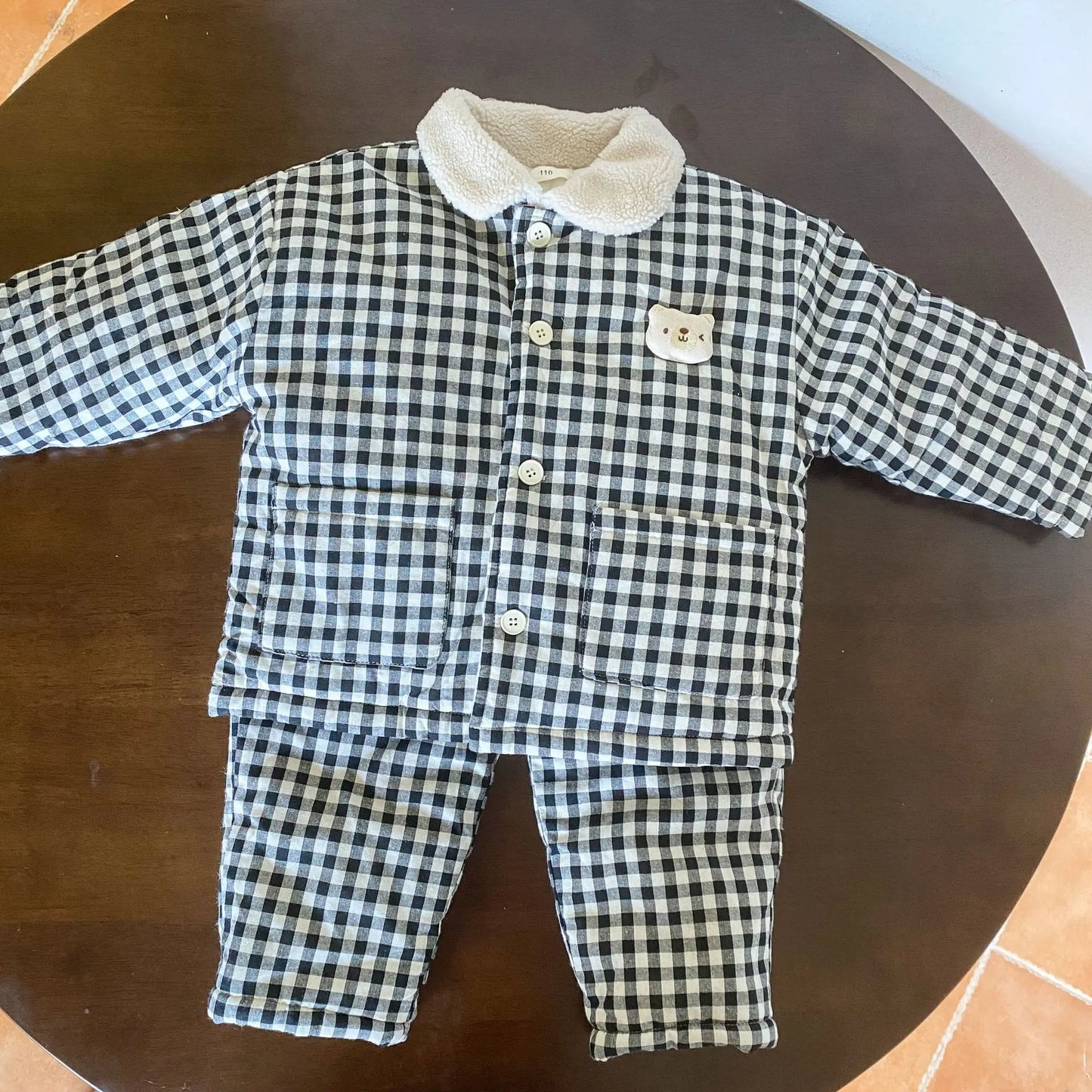 長袖パジャマ キッズセットアップ 2点セット チェック厚手防寒長袖パジャマセット【mh0007785】