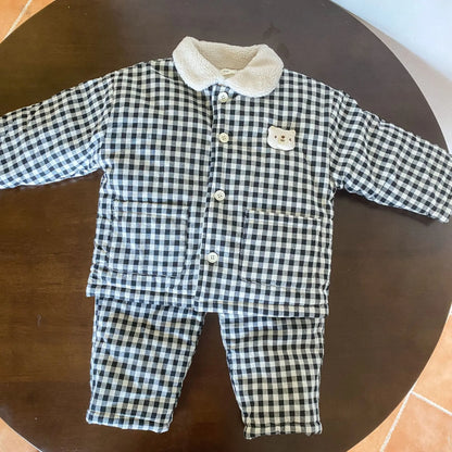 長袖パジャマ キッズセットアップ 2点セット チェック厚手防寒長袖パジャマセット【mh0007785】