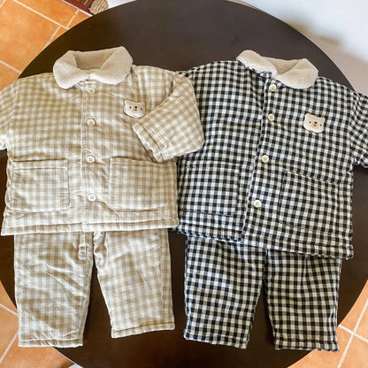 長袖パジャマ キッズセットアップ 2点セット チェック厚手防寒長袖パジャマセット【mh0007785】