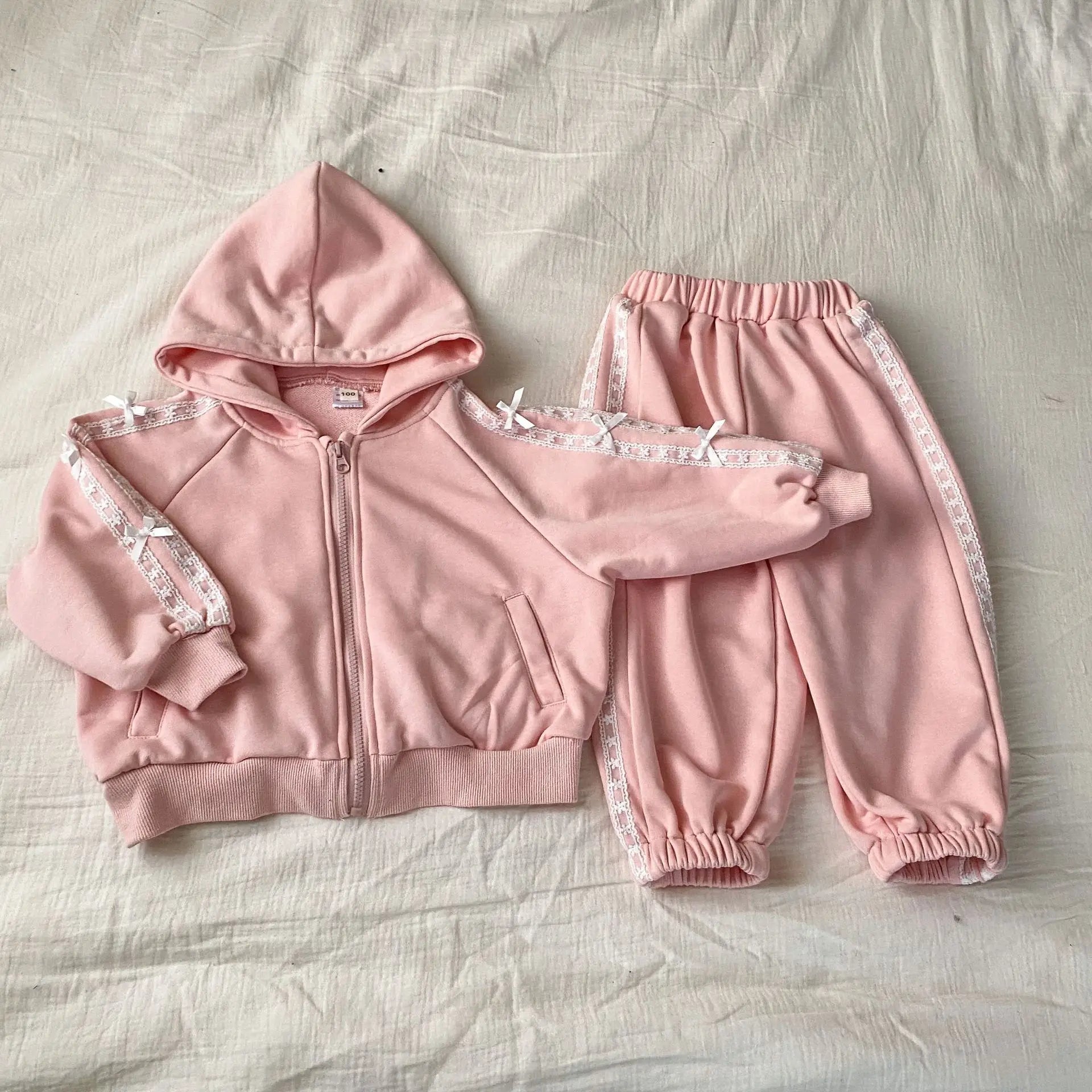 長袖セットアップ キッズセットアップ 2点セット レースリボンサイドラインジップアップフーディスウェットジャケット+ロングスウェットパンツ【mh0008059】