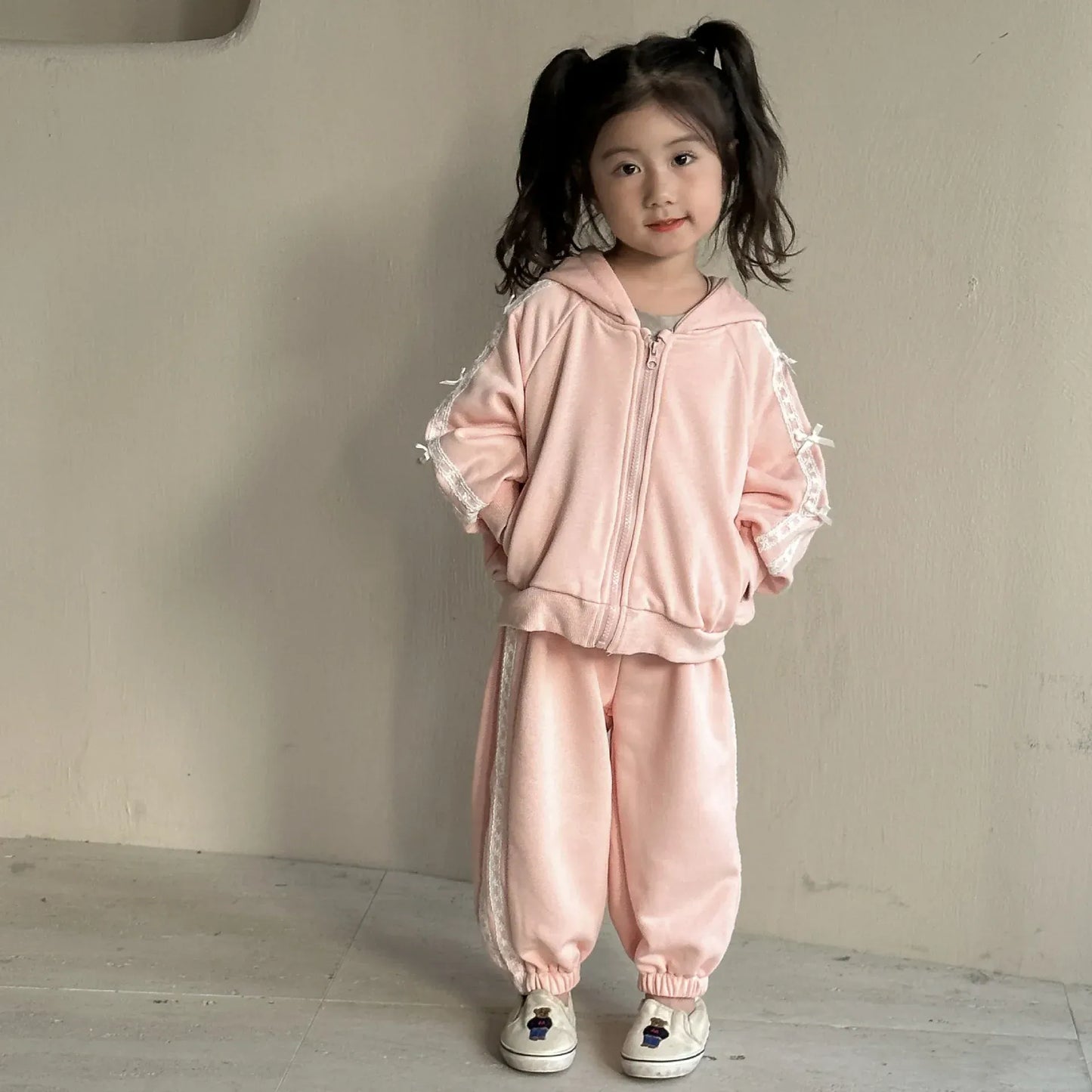 長袖セットアップ キッズセットアップ 2点セット レースリボンサイドラインジップアップフーディスウェットジャケット+ロングスウェットパンツ【mh0008059】
