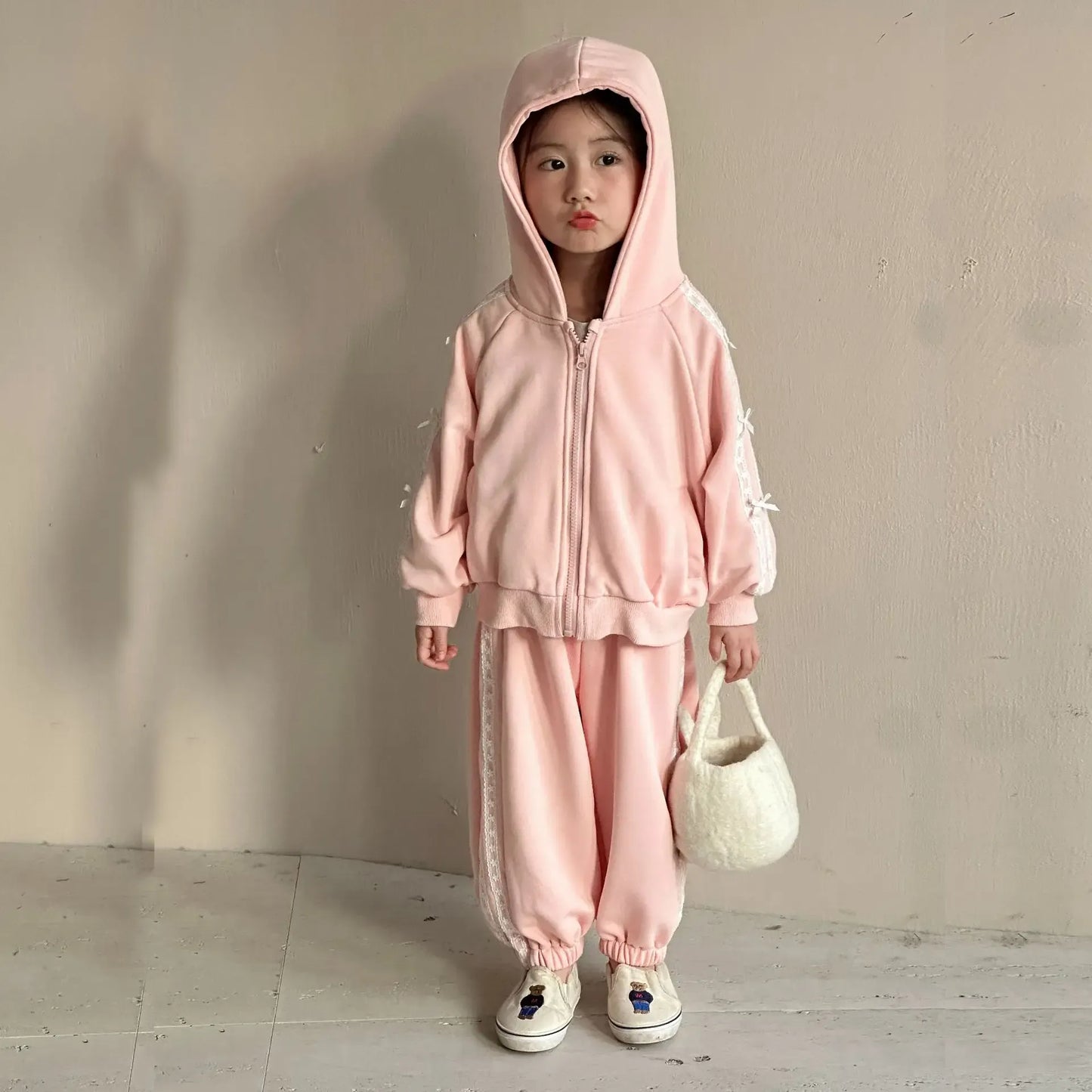 長袖セットアップ キッズセットアップ 2点セット レースリボンサイドラインジップアップフーディスウェットジャケット+ロングスウェットパンツ【mh0008059】