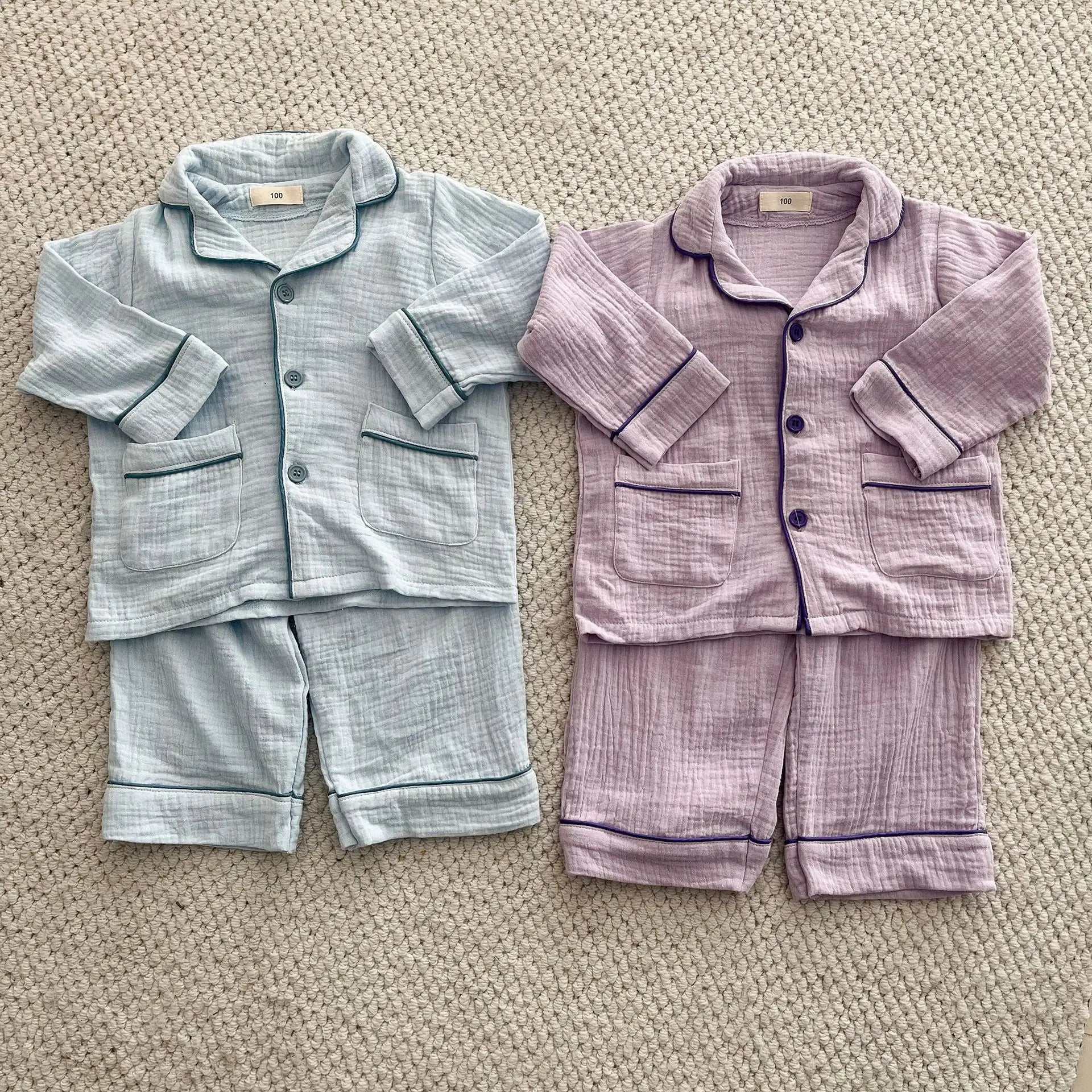 長袖パジャマ キッズセットアップ 2点セット 長袖パジャマセット シンプル前あきオープンカラー長袖シャツ+ルーズロングパンツ【mh0008643】