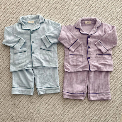 長袖パジャマ キッズセットアップ 2点セット 長袖パジャマセット シンプル前あきオープンカラー長袖シャツ+ルーズロングパンツ【mh0008643】