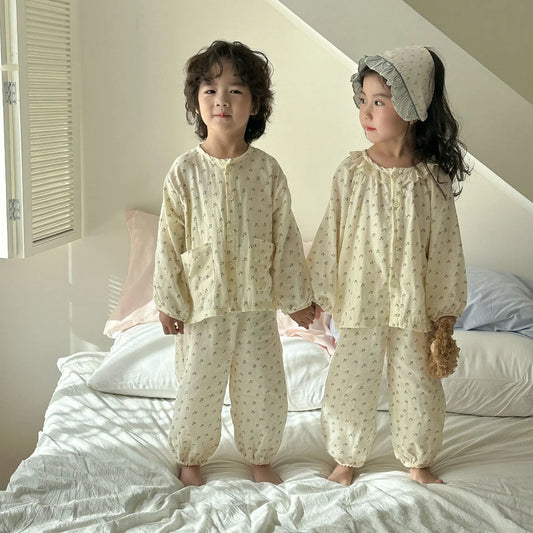 長袖パジャマ キッズセットアップ 2点セット フラワー小花柄プリントナチュラル長袖パジャマセット【mh0008646】