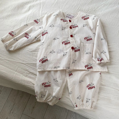 長袖パジャマ キッズセットアップ 2点セット 長袖パジャマセット カラフル水玉ドット/プリントノーカラー長袖シャツ+ロングパンツ【mh0008763】