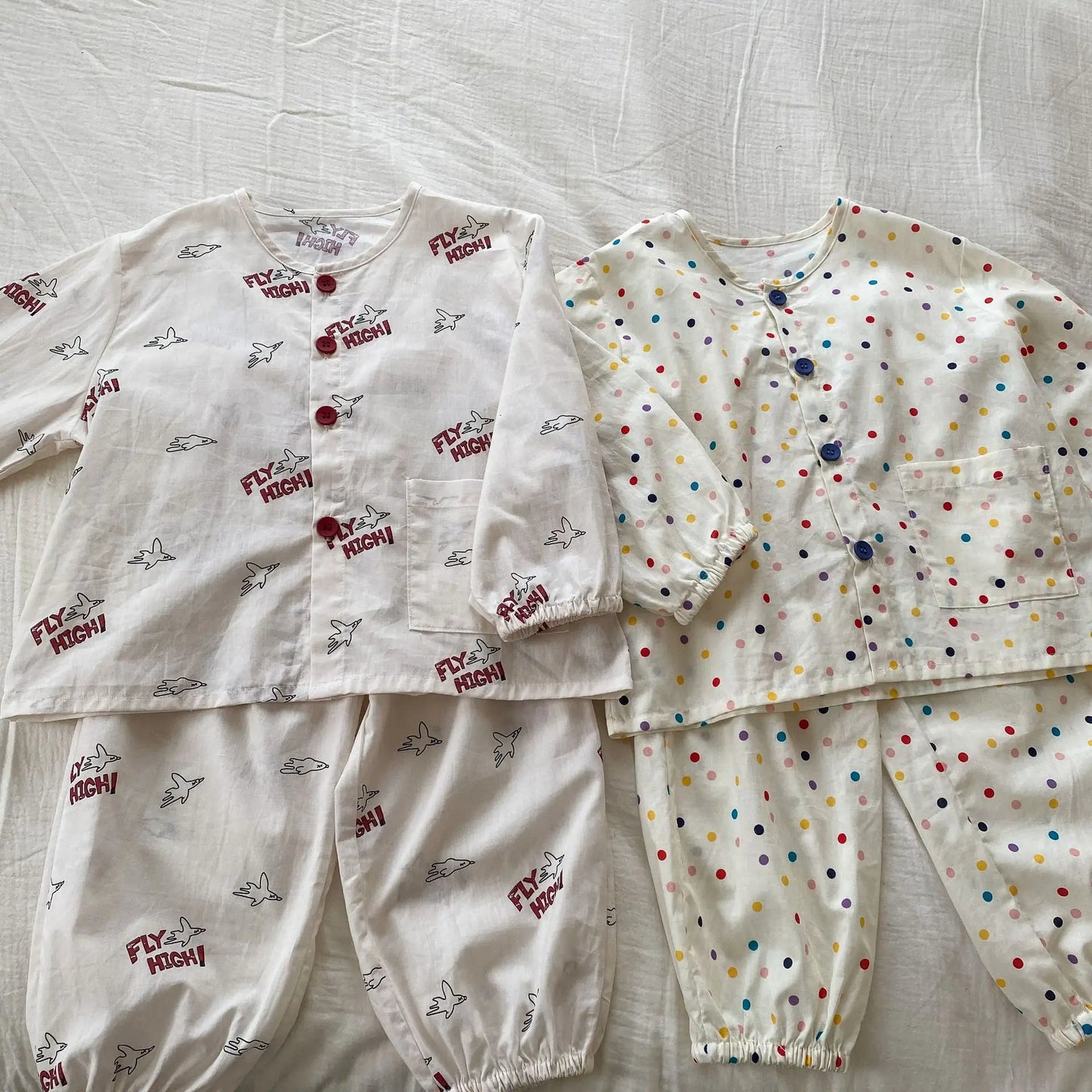 長袖パジャマ キッズセットアップ 2点セット 長袖パジャマセット カラフル水玉ドット/プリントノーカラー長袖シャツ+ロングパンツ【mh0008763】