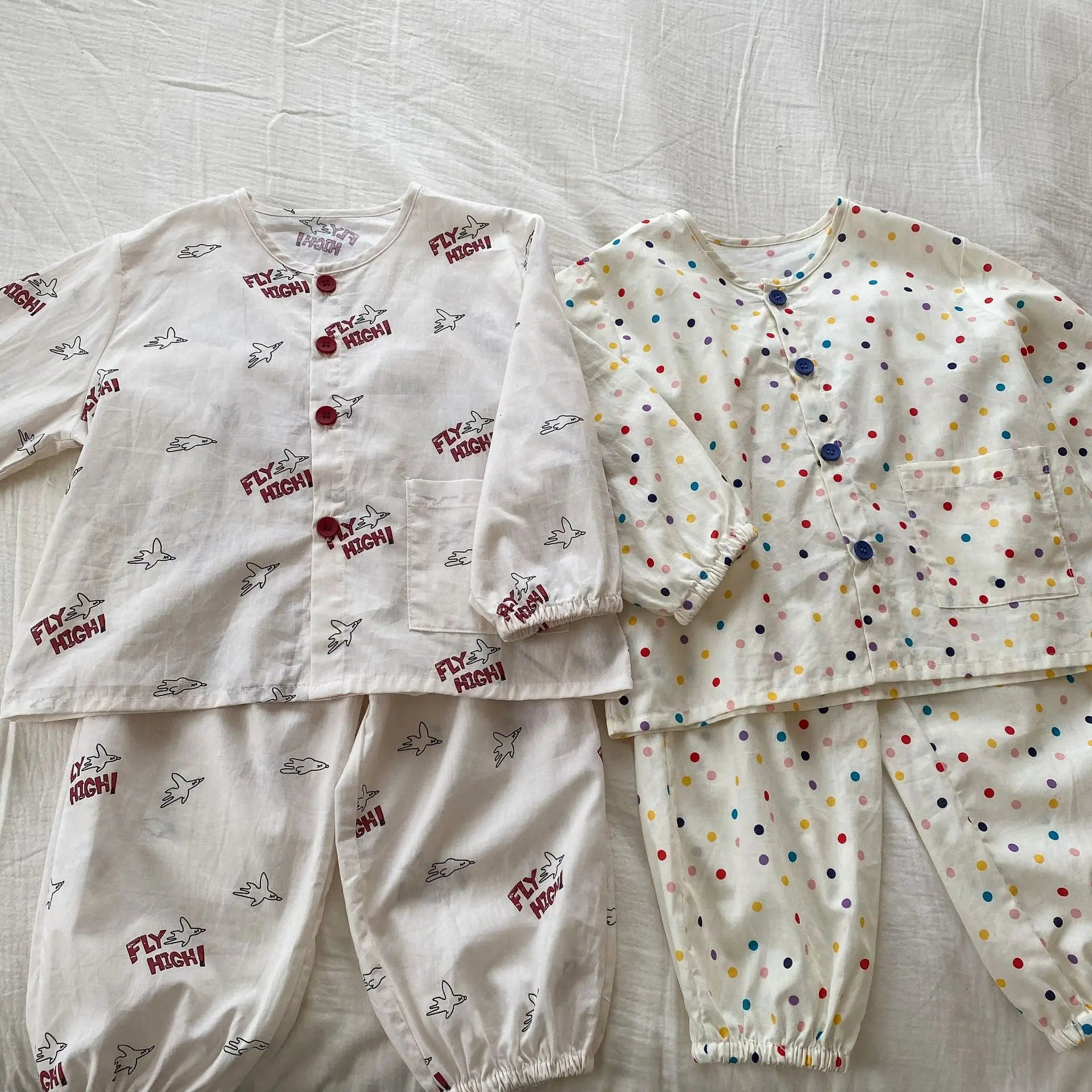 長袖パジャマ キッズセットアップ 2点セット 長袖パジャマセット カラフル水玉ドット/プリントノーカラー長袖シャツ+ロングパンツ【mh0008763】