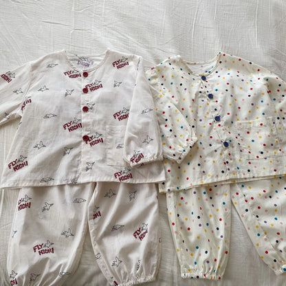 長袖パジャマ キッズセットアップ 2点セット 長袖パジャマセット カラフル水玉ドット/プリントノーカラー長袖シャツ+ロングパンツ【mh0008763】