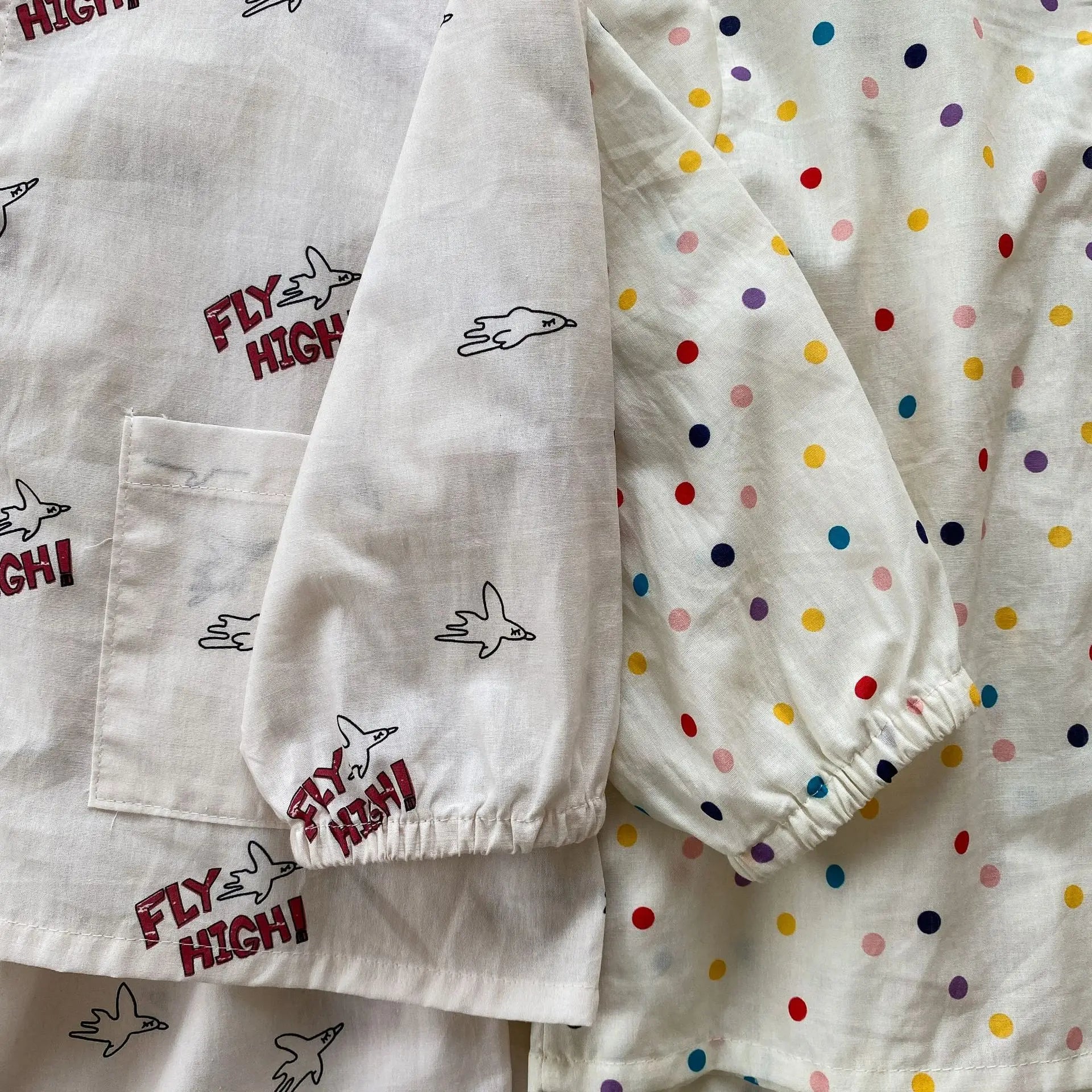 長袖パジャマ キッズセットアップ 2点セット 長袖パジャマセット カラフル水玉ドット/プリントノーカラー長袖シャツ+ロングパンツ【mh0008763】