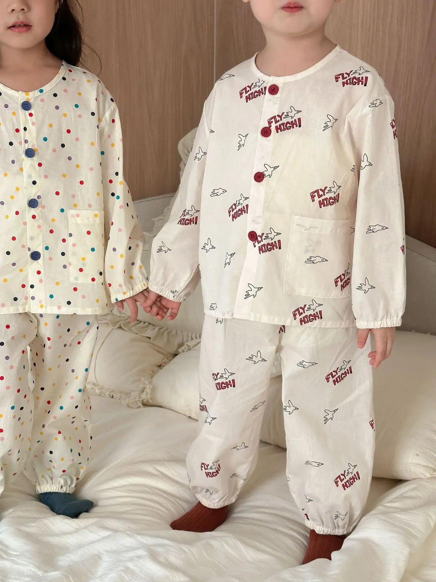 長袖パジャマ キッズセットアップ 2点セット 長袖パジャマセット カラフル水玉ドット/プリントノーカラー長袖シャツ+ロングパンツ【mh0008763】