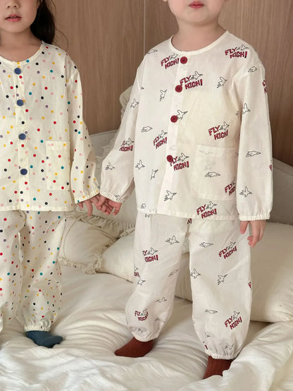 長袖パジャマ キッズセットアップ 2点セット 長袖パジャマセット カラフル水玉ドット/プリントノーカラー長袖シャツ+ロングパンツ【mh0008763】