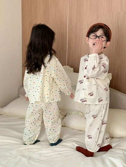 長袖パジャマ キッズセットアップ 2点セット 長袖パジャマセット カラフル水玉ドット/プリントノーカラー長袖シャツ+ロングパンツ【mh0008763】