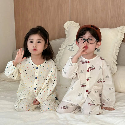 長袖パジャマ キッズセットアップ 2点セット 長袖パジャマセット カラフル水玉ドット/プリントノーカラー長袖シャツ+ロングパンツ【mh0008763】