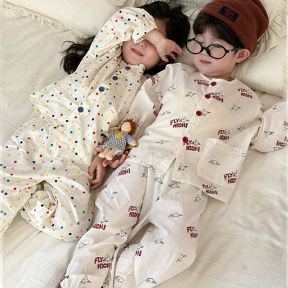 長袖パジャマ キッズセットアップ 2点セット 長袖パジャマセット カラフル水玉ドット/プリントノーカラー長袖シャツ+ロングパンツ【mh0008763】