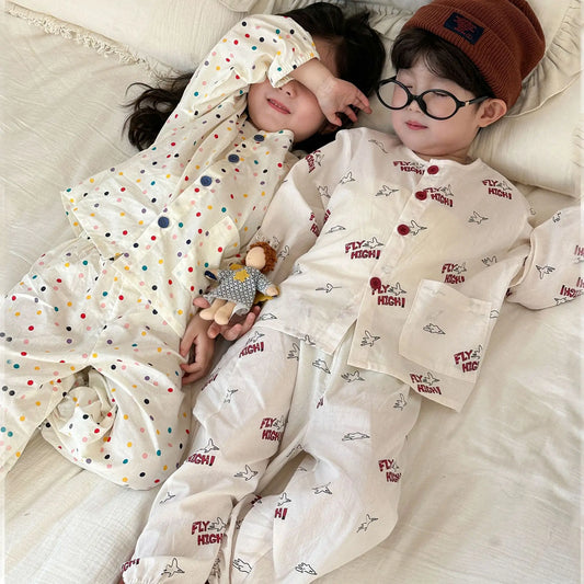 長袖パジャマ キッズセットアップ 2点セット 長袖パジャマセット カラフル水玉ドット/プリントノーカラー長袖シャツ+ロングパンツ【mh0008763】