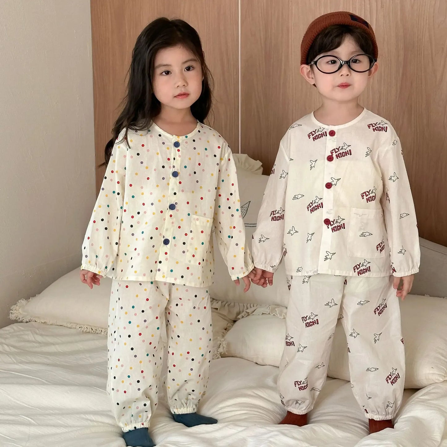 長袖パジャマ キッズセットアップ 2点セット 長袖パジャマセット カラフル水玉ドット/プリントノーカラー長袖シャツ+ロングパンツ【mh0008763】