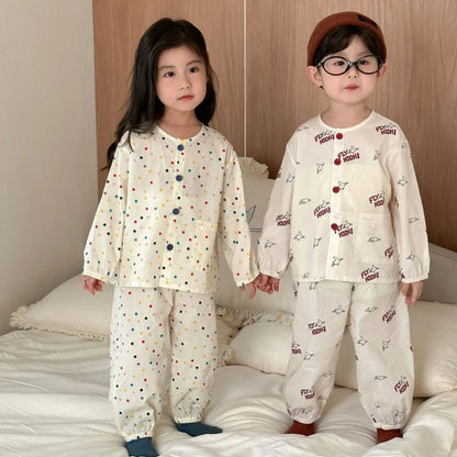 長袖パジャマ キッズセットアップ 2点セット 長袖パジャマセット カラフル水玉ドット/プリントノーカラー長袖シャツ+ロングパンツ【mh0008763】